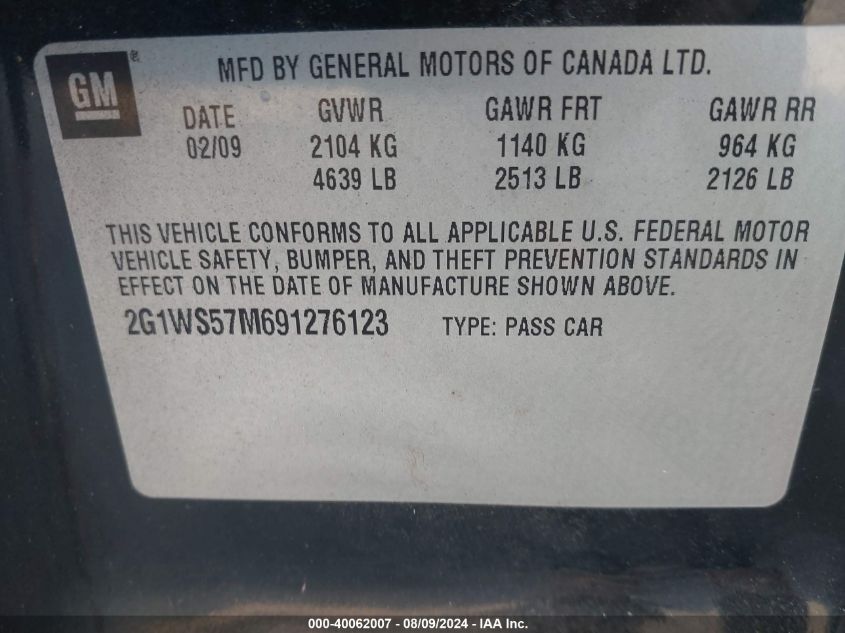 2009 Chevrolet Impala Police VIN: 2G1WS57M691276123 Lot: 40062007