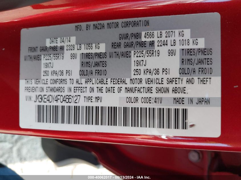 2015 Mazda Cx-5 Grand Touring VIN: JM3KE4DY4F0466127 Lot: 40062017