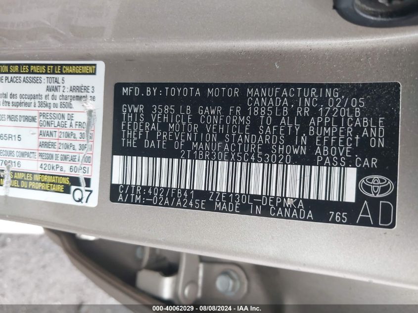 2005 Toyota Corolla Ce/Le/S VIN: 2T1BR30EX5C453020 Lot: 40062029
