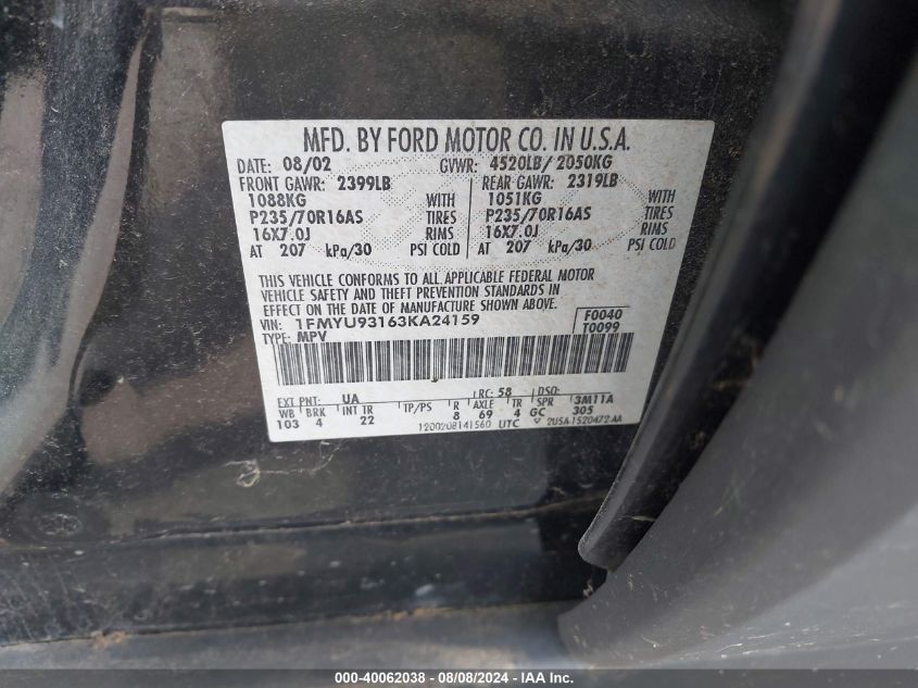 2003 Ford Escape Xlt VIN: 1FMYU93163KA24159 Lot: 40062038