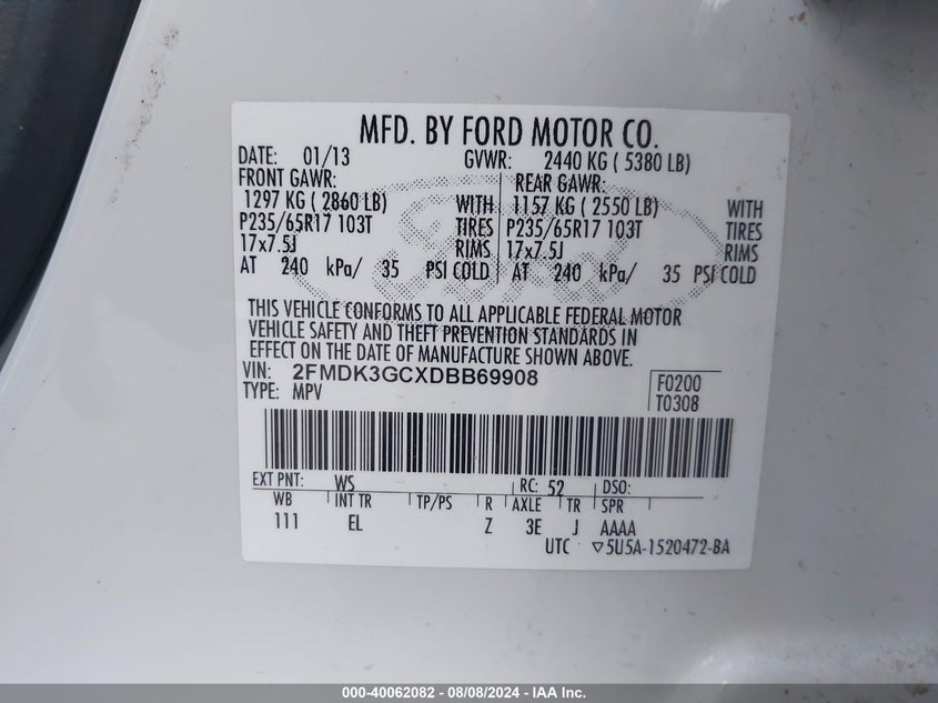 2013 Ford Edge Se VIN: 2FMDK3GCXDBB69908 Lot: 40062082