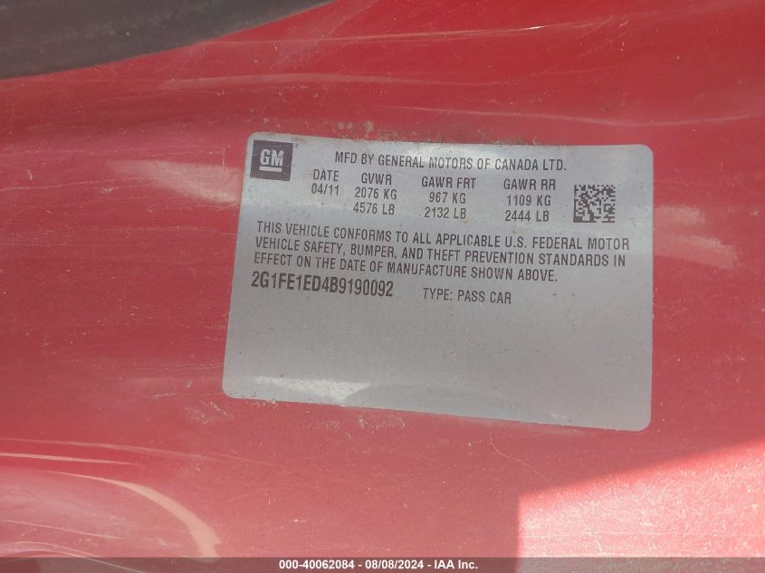 2011 Chevrolet Camaro 1Ls VIN: 2G1FE1ED4B9190092 Lot: 40062084
