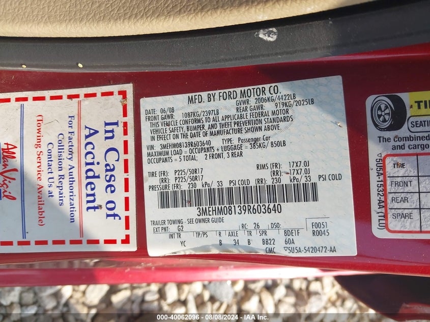 2009 Mercury Milan V6 Premier VIN: 3MEHM08139R603640 Lot: 40062096