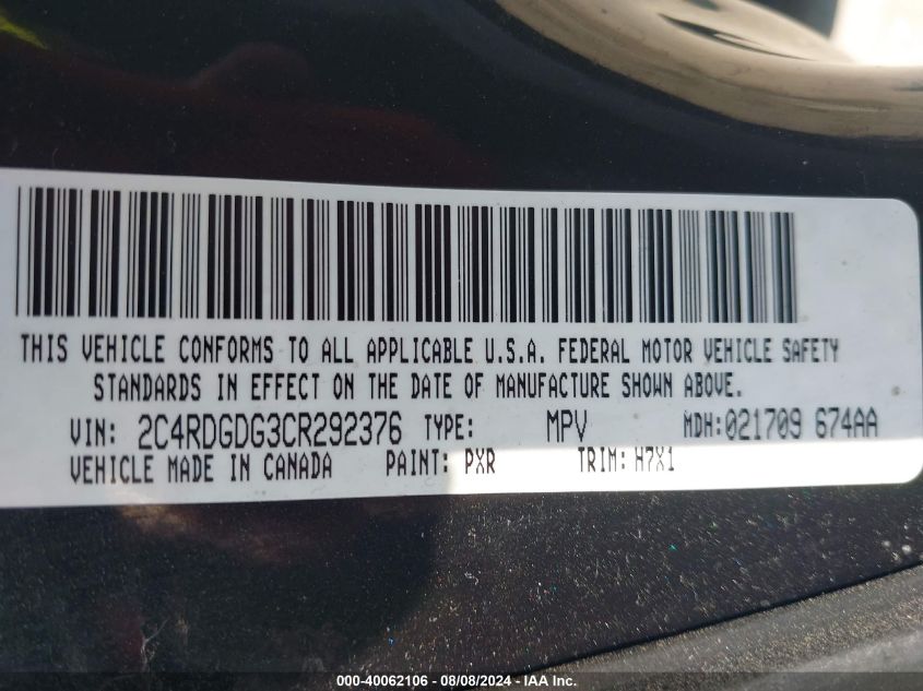 2012 Dodge Grand Caravan Crew VIN: 2C4RDGDG3CR292376 Lot: 40062106