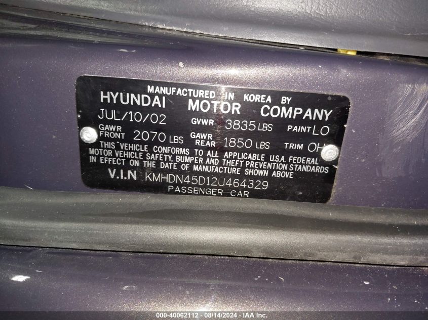 2002 Hyundai Elantra Gls VIN: KMHDN45D12U464329 Lot: 40062112