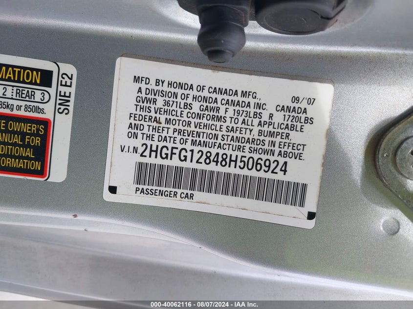 2008 Honda Civic Ex VIN: 2HGFG12848H506924 Lot: 40062116