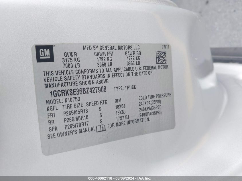 2011 Chevrolet Silverado 1500 Lt VIN: 1GCRKSE36BZ427908 Lot: 40062118