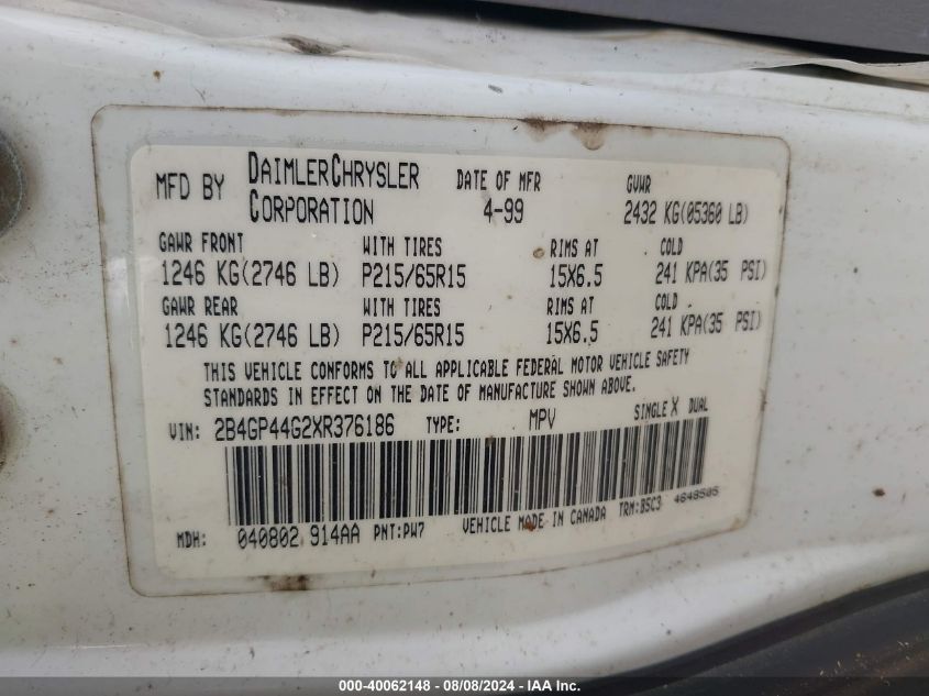 1999 Dodge Grand Caravan Se VIN: 2B4GP44G2XR376186 Lot: 40062148