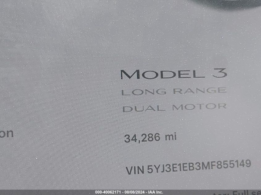 2021 Tesla Model 3 VIN: 5YJ3E1EB3MF855149 Lot: 40062171