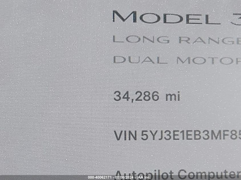 2021 Tesla Model 3 VIN: 5YJ3E1EB3MF855149 Lot: 40062171