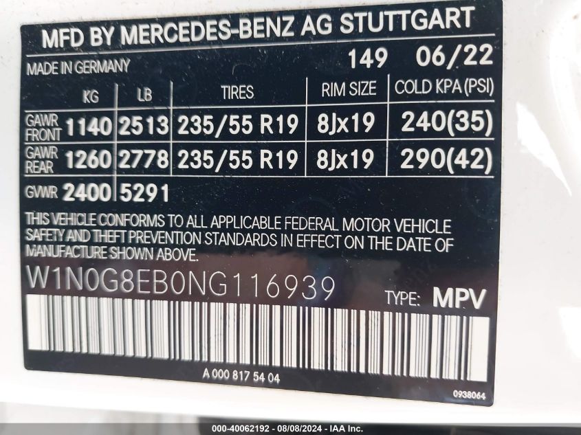 2022 Mercedes-Benz Glc 300 4Matic Suv VIN: W1N0G8EB0NG116939 Lot: 40062192