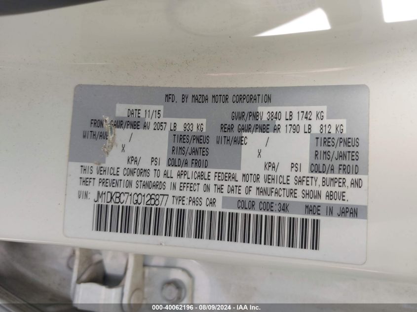 2016 Mazda Cx-3 Touring VIN: JM1DKBC71G0126877 Lot: 40062196