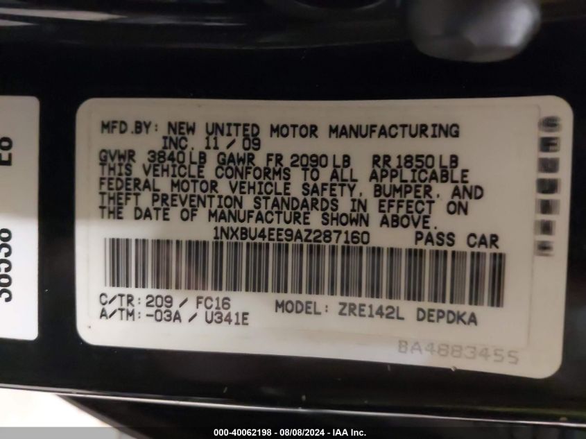 2010 Toyota Corolla S/Le/Xle VIN: 1NXBU4EE9AZ287160 Lot: 40062198