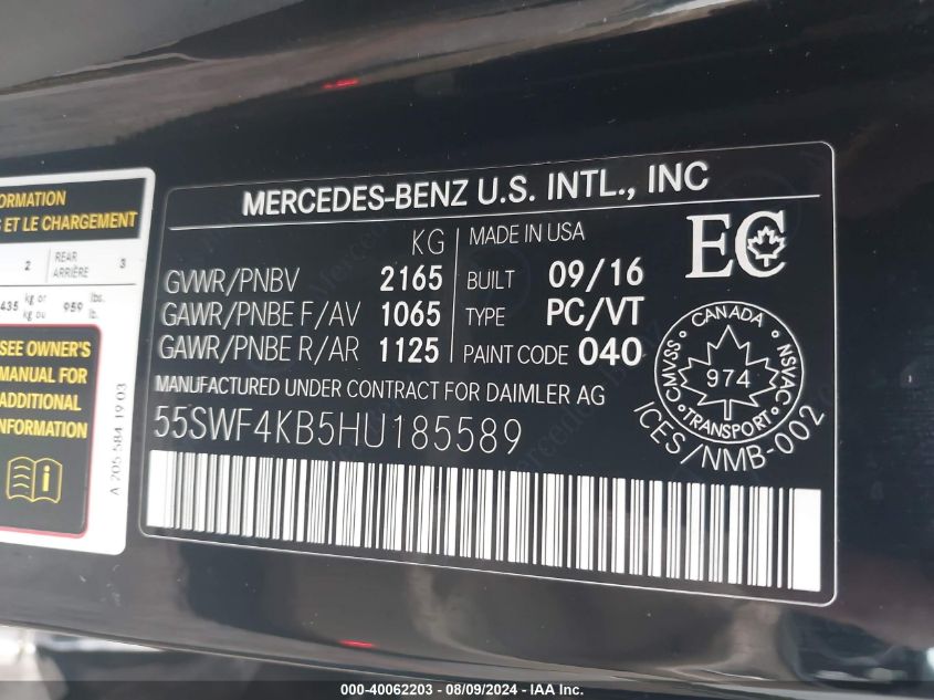 VIN 55SWF4KB5HU185589 2017 MERCEDES-BENZ C 300 4MATIC/LUXURY 4MATIC/SPORT 4MATIC