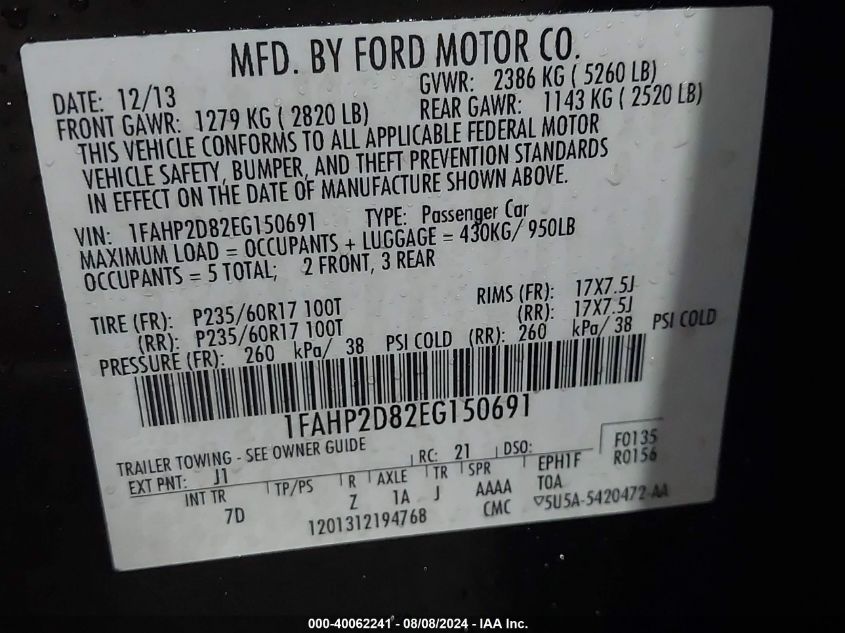 2014 Ford Taurus Se VIN: 1FAHP2D82EG150691 Lot: 40062241