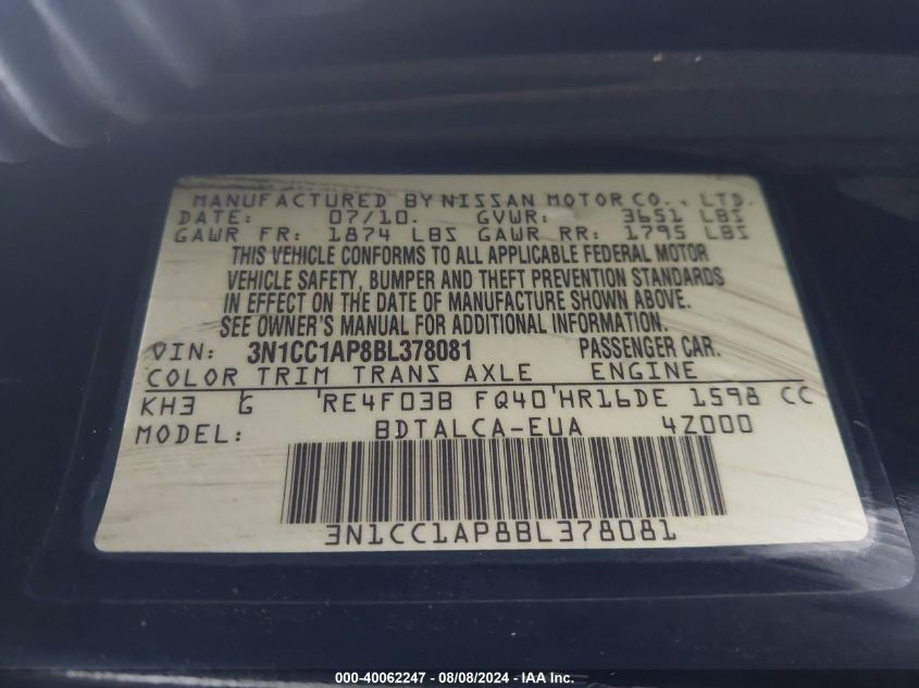 2011 Nissan Versa 1.6 VIN: 3N1CC1AP8BL378081 Lot: 40062247