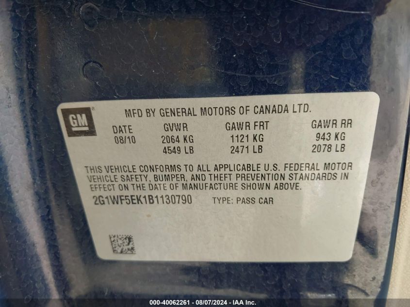 2011 Chevrolet Impala Ls VIN: 2G1WF5EK1B1130790 Lot: 40062261