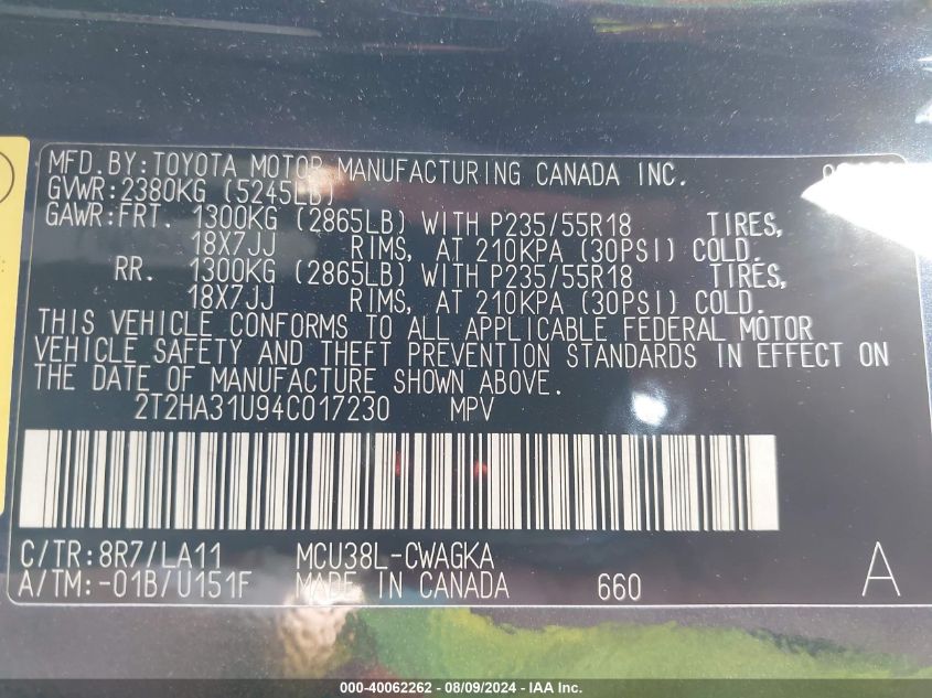 2004 Lexus Rx 330 330 VIN: 2T2HA31U94C017230 Lot: 40062262