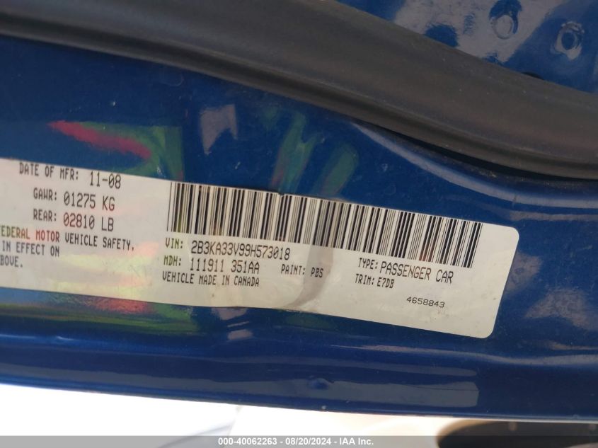 2009 Dodge Charger Sxt VIN: 2B3KA33V99H573018 Lot: 40062263