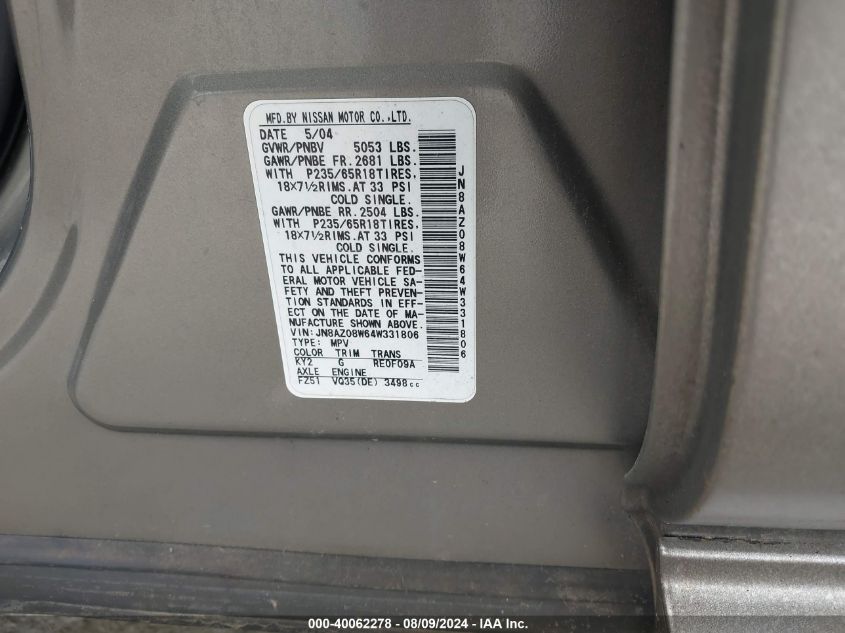 2004 Nissan Murano Sl VIN: JN8AZ08W64W331806 Lot: 40062278