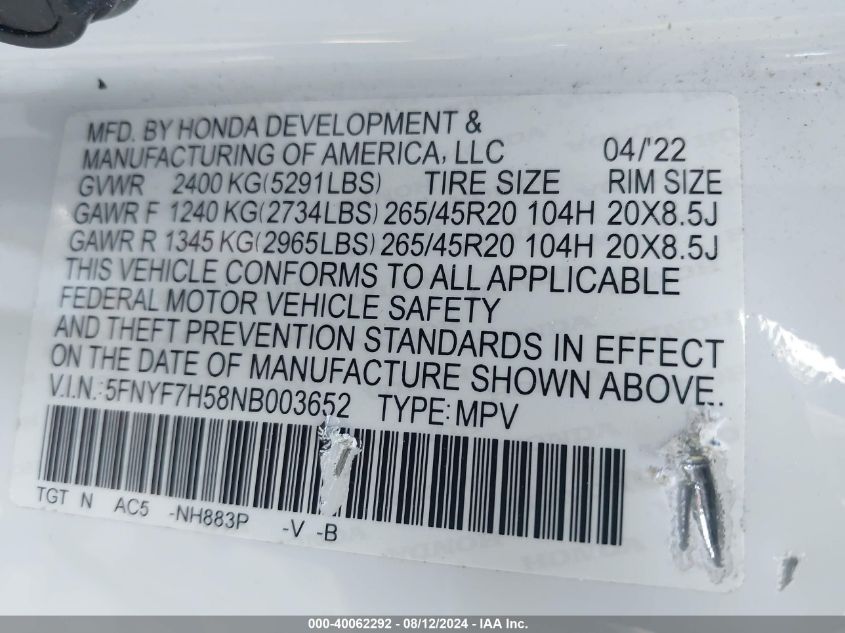 2022 Honda Passport 2Wd Ex-L VIN: 5FNYF7H58NB003652 Lot: 40062292