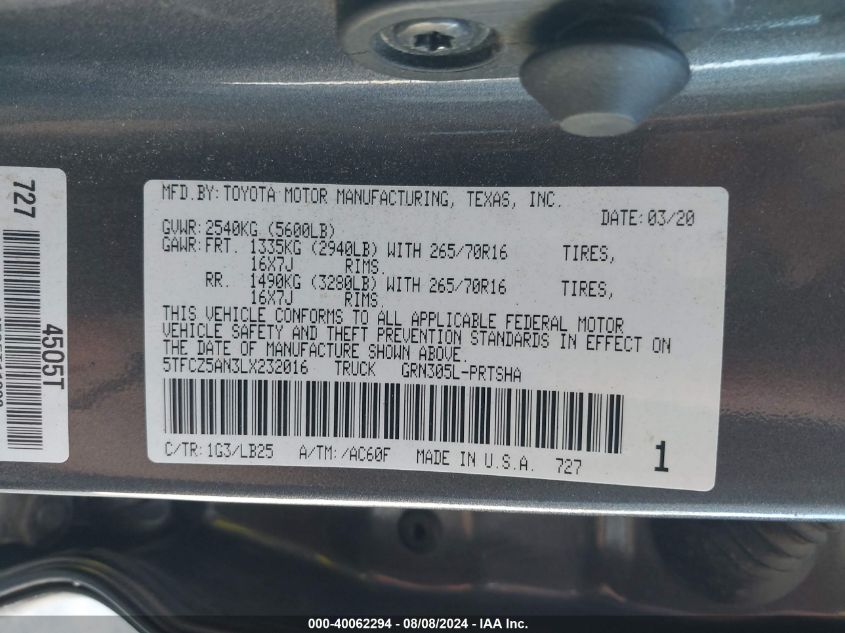 2020 Toyota Tacoma Trd Pro VIN: 5TFCZ5AN3LX232016 Lot: 40062294