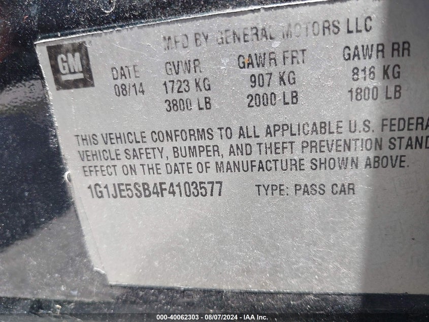 2015 Chevrolet Sonic Ltz Auto VIN: 1G1JE5SB4F4103577 Lot: 40062303