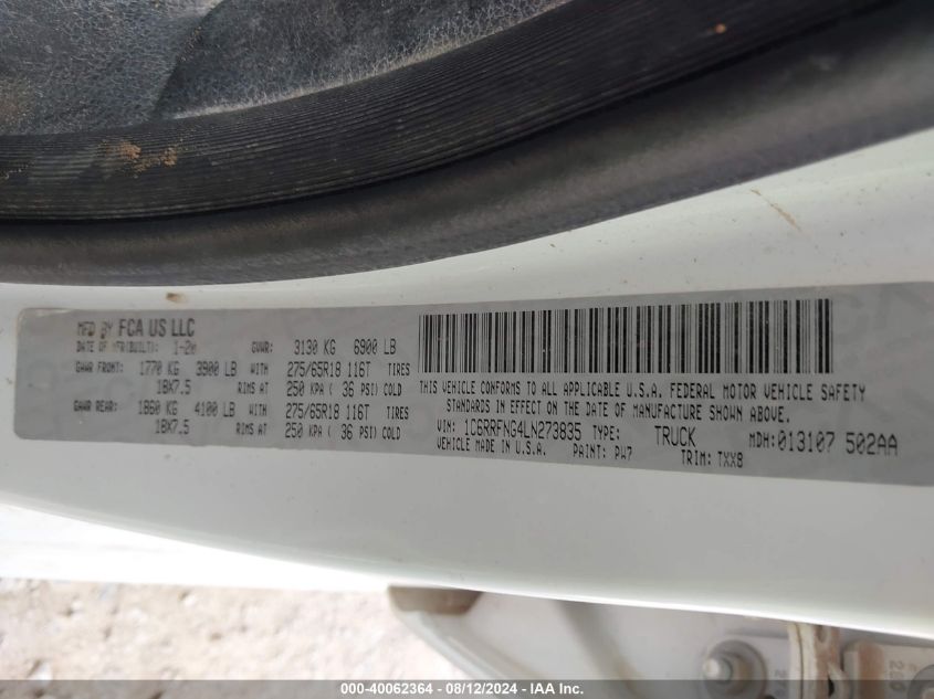 2020 Ram 1500 Tradesman 4X4 6'4 Box VIN: 1C6RRFNG4LN273835 Lot: 40062364