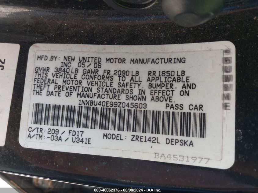 2009 Toyota Corolla S VIN: 1NXBU40E99Z045603 Lot: 40062376