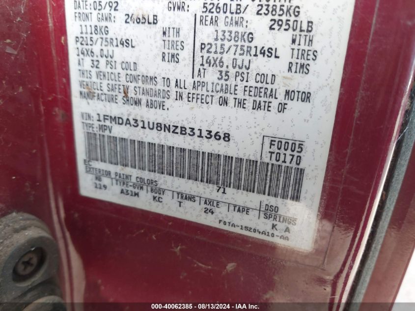 1992 Ford Aerostar VIN: 1FMDA31U8NZB31368 Lot: 40062385