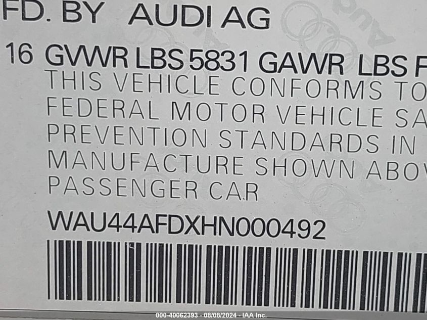 2017 Audi A8 L 3.0T VIN: WAU44AFDXHN000492 Lot: 40062393