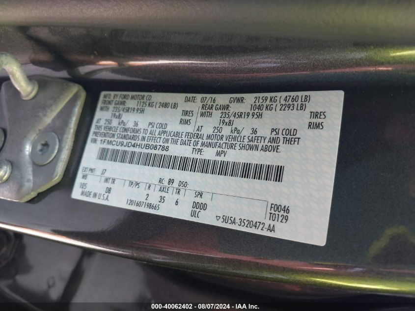 2017 Ford Escape Titanium VIN: 1FMCU9JD4HUB08788 Lot: 40062402