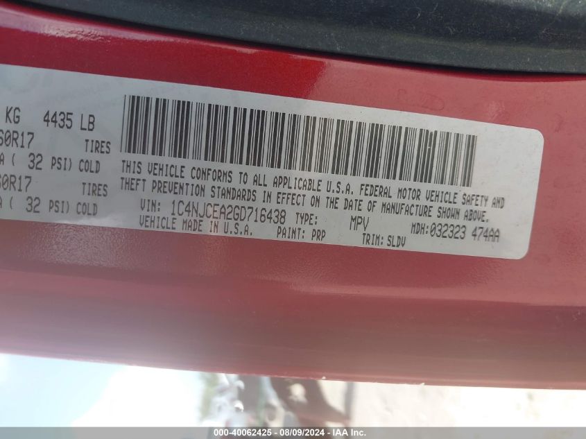 2016 Jeep Compass High Altitude Edition VIN: 1C4NJCEA2GD716438 Lot: 40062425