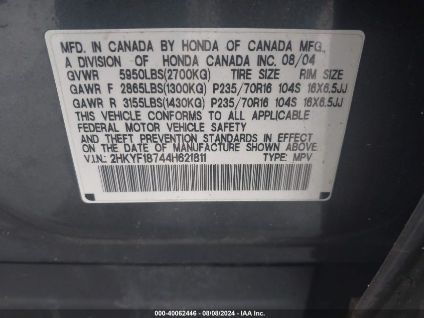 2004 Honda Pilot Ex-L VIN: 2HKYF18744H621811 Lot: 40062446