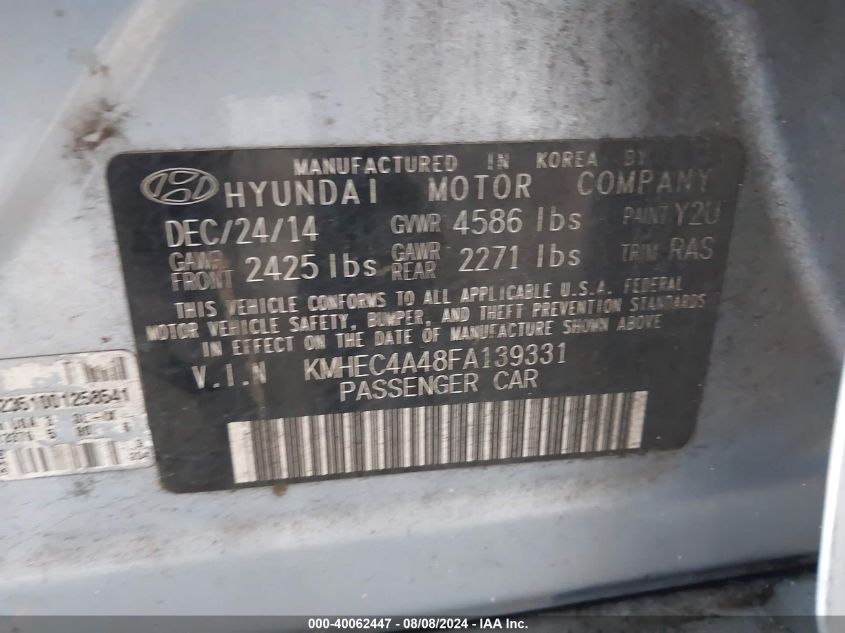 2015 Hyundai Sonata Hybrid VIN: KMHEC4A48FA139331 Lot: 40062447