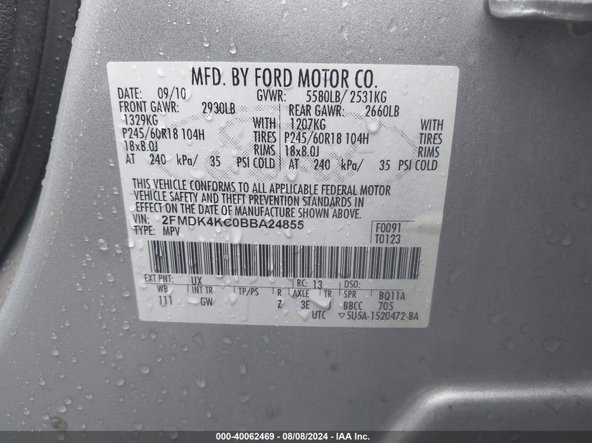 2011 Ford Edge Limited VIN: 2FMDK4KC0BBA24855 Lot: 40062469