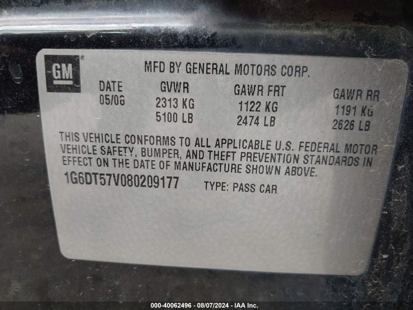 2008 Cadillac Cts Standard VIN: 1G6DT57V080209177 Lot: 40062496