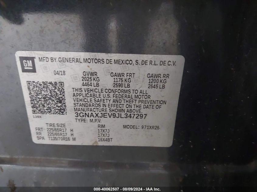 2018 Chevrolet Equinox Lt VIN: 3GNAXJEV9JL347297 Lot: 40062507