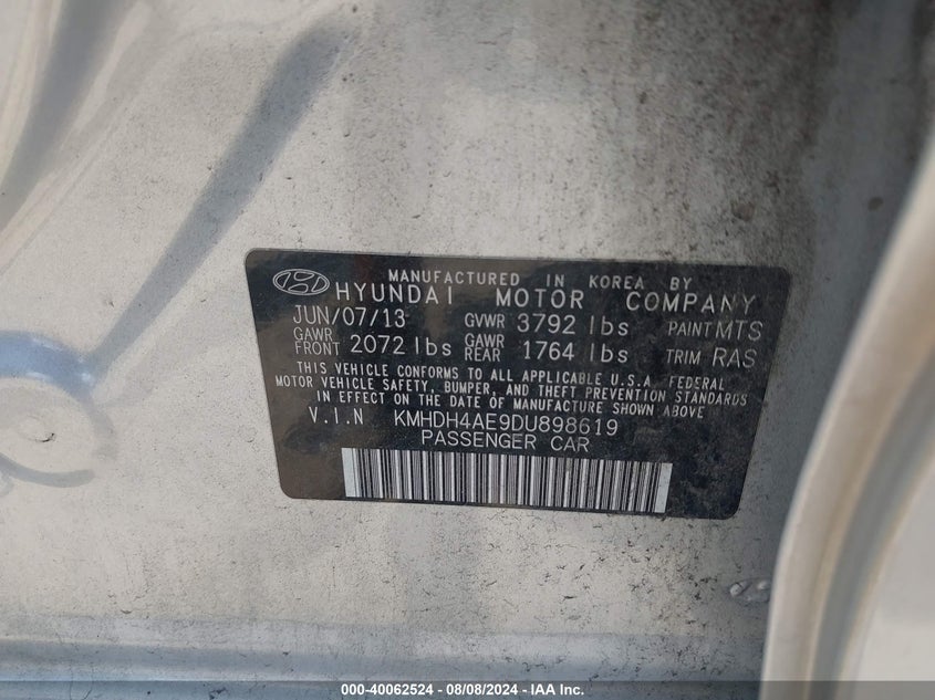 2013 HYUNDAI ELANTRA GLS/LIMITED - KMHDH4AE9DU898619