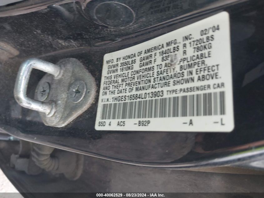 2004 Honda Civic Lx VIN: 1HGES16584L013903 Lot: 40062529