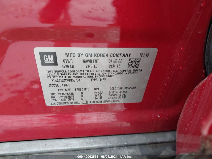 2016 Buick Encore Sport Touring VIN: KL4CJ1SMXGB587347 Lot: 40062535