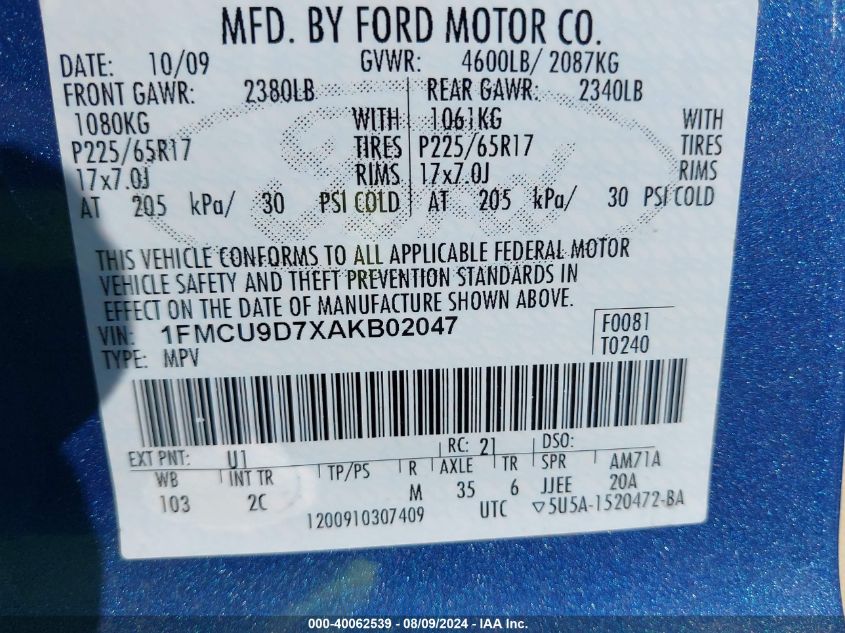 2010 Ford Escape Xlt VIN: 1FMCU9D7XAKB02047 Lot: 40062539