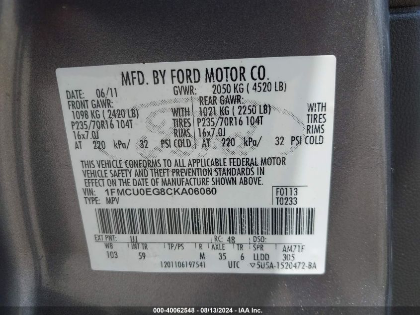 2012 Ford Escape Limited VIN: 1FMCU0EG8CKA06060 Lot: 40062548