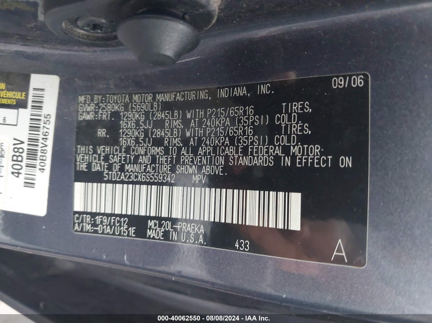 2006 TOYOTA SIENNA VIN: 5TDZA23CX6S559342