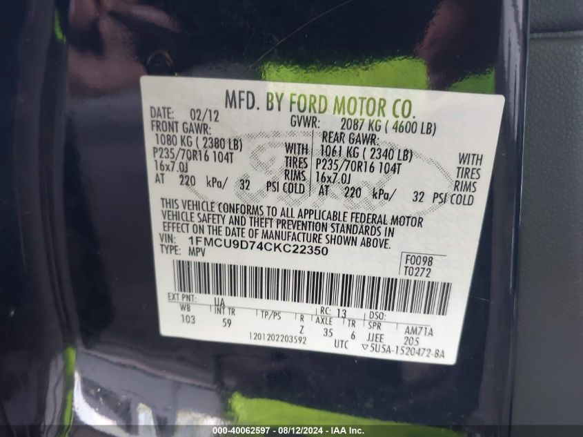 2012 Ford Escape Xlt VIN: 1FMCU9D74CKC22350 Lot: 40062597