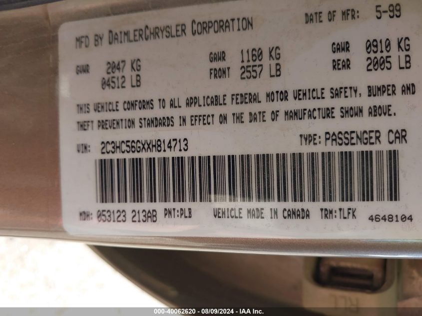 1999 Chrysler Lhs VIN: 2C3HC56GXXH814713 Lot: 40062620