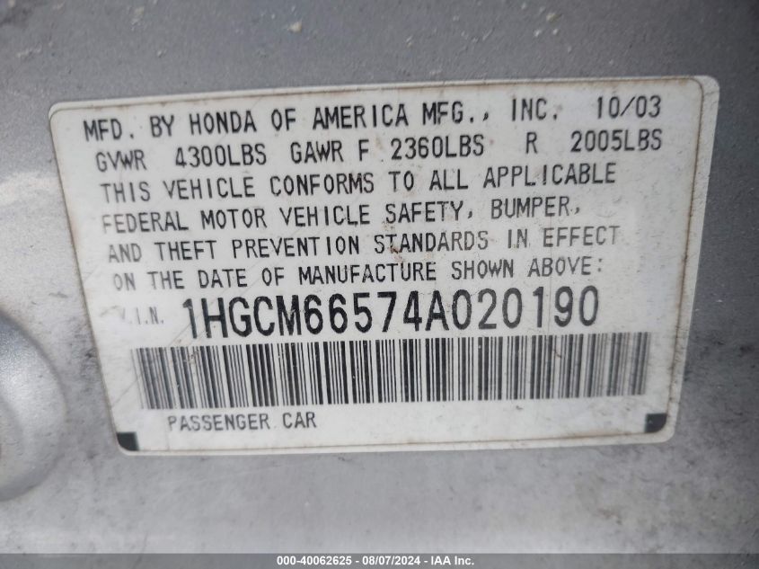 2004 Honda Accord 3.0 Ex VIN: 1HGCM66574A020190 Lot: 40062625
