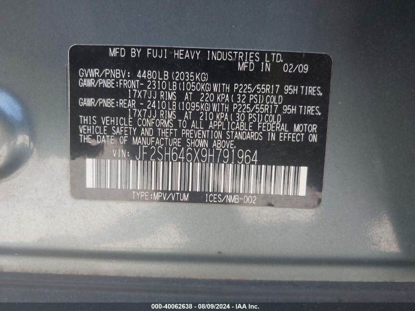 2009 Subaru Forester 2.5X Limited VIN: JF2SH646X9H791964 Lot: 40062638