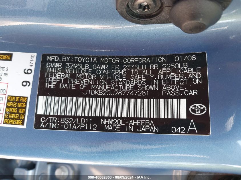 2008 Toyota Prius Touring VIN: JTDKB20U287747281 Lot: 40062653