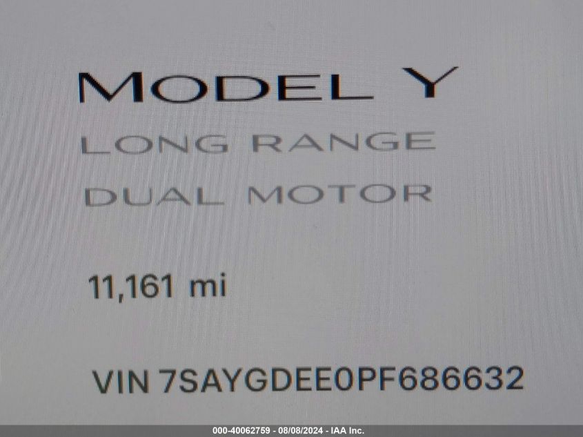 2023 Tesla Model Y Awd/Long Range Dual Motor All-Wheel Drive VIN: 7SAYGDEE0PF686632 Lot: 40062759